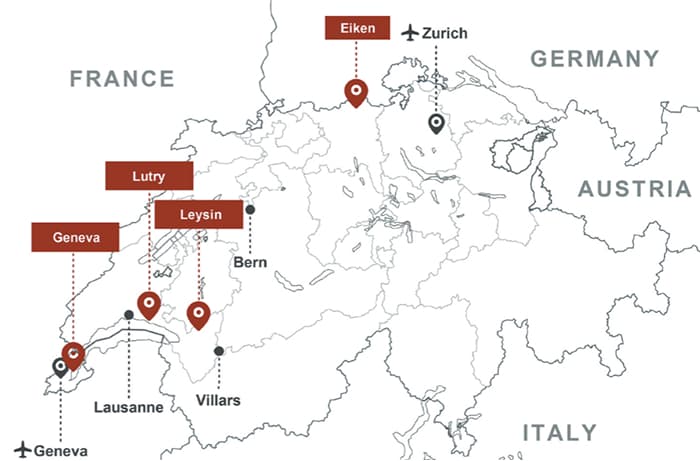 スイスとその周辺エリアの地図です。Geneva,Leysin,Lutryの3箇所がピンで示されています。